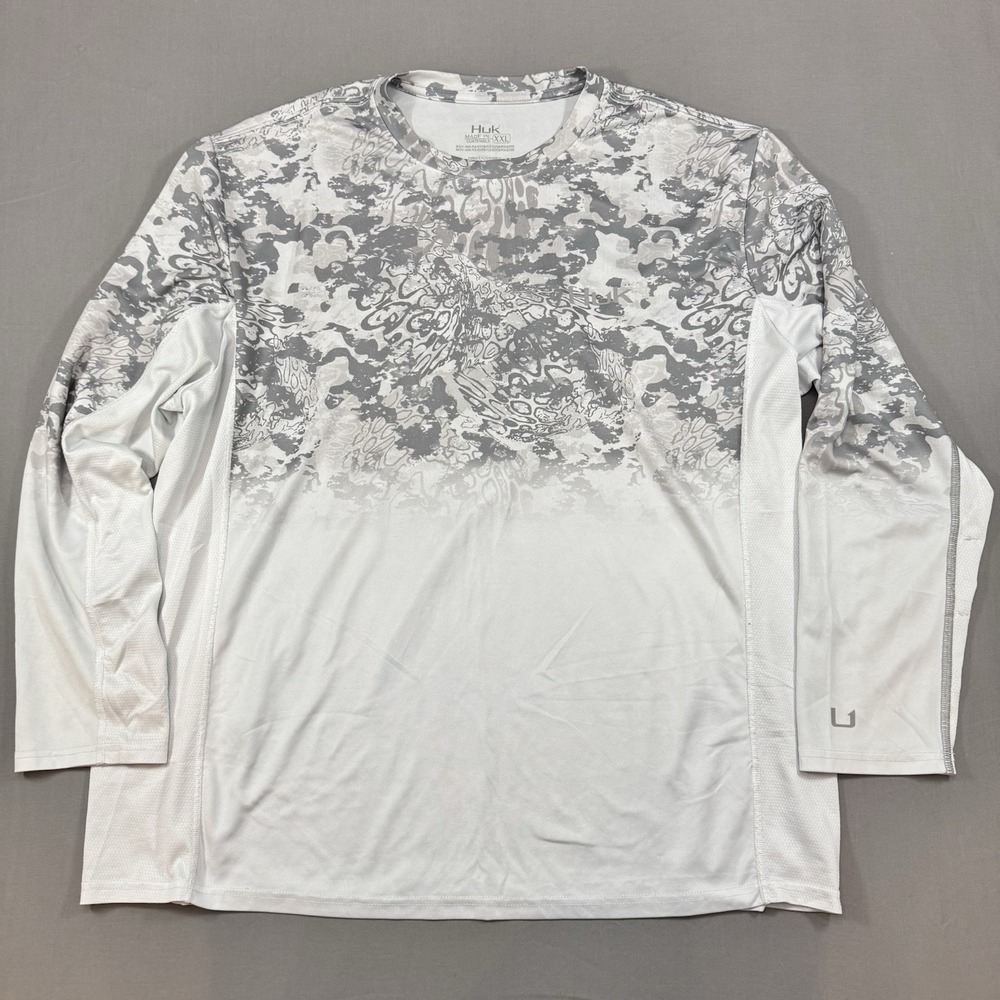 Huk Men's XXL Gray‎ White Camouflage Long Sleeve Fishing Shirt 100% Polyester